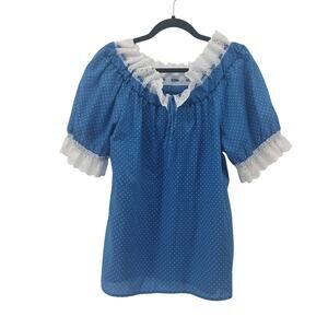 Jeri Bee Square Dance Country Blue White Polka Dot Blouse Lace Small
